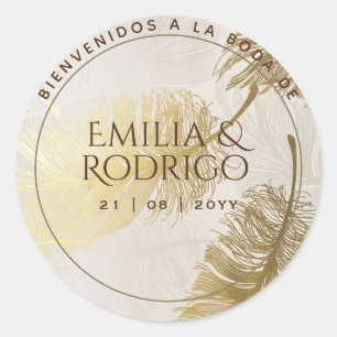 Sticker Rond Plumes d'or Boda Espagnol Bienvenue Mariage Faveur