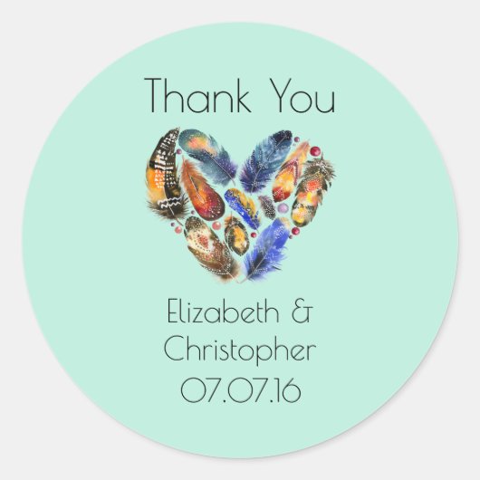 Sticker Rond Plumes En Forme De Coeur Merci Mariage (Devant)