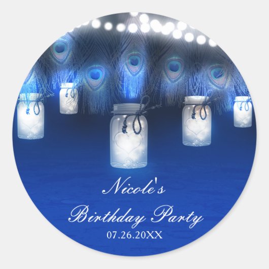 Sticker Rond Plumes Peacock, Mason Jar et lumières à cordes rus (Devant)