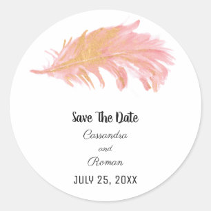Sticker Rond Plumes rose et or Enregistrer la date