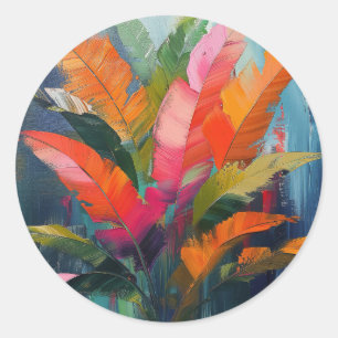 Sticker Rond Plumes Tropicales – Abstraction Botanique Vibrante