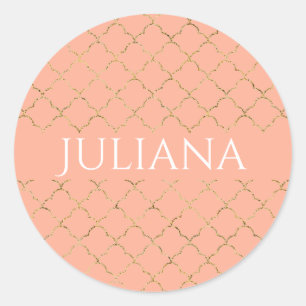 Sticker Rond Plutôt rose Coral Or Quatrefoil Personnalisé