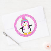 Sticker Rond Pneuka rose point hiver Pingouin fille (Enveloppe)