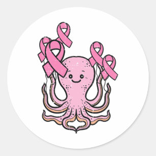 Sticker Rond Poctopus rose Ribbon Cute Sensibilisation au cance