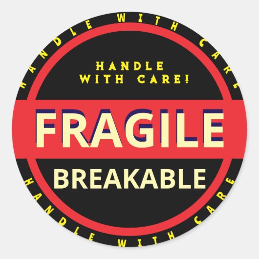 Sticker Rond Poignée avec soin Fragile rouge noir jaune (Devant)