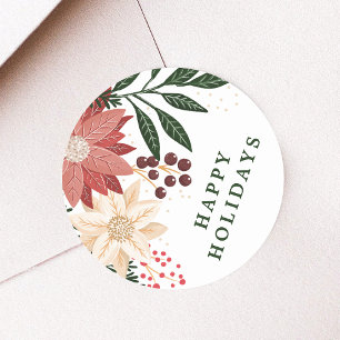 Sticker Rond Poinsettia Élégant Joyeux Noël Aquarelle