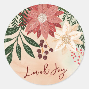 Sticker Rond Poinsettia Élégant Joyeux Noël Aquarelle