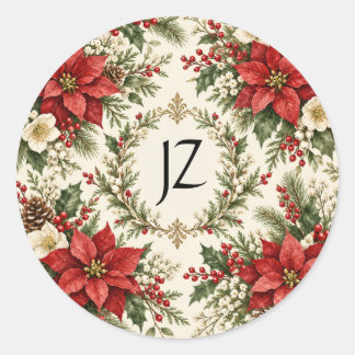 Sticker Rond Poinsettia et houx de Noël vintage