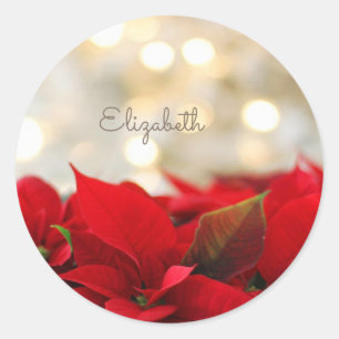 Sticker Rond Poinsettia, Flocons de Neige Dorés Brillants - Per