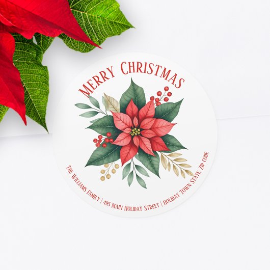 Sticker Rond Poinsettia Green Red Berries Adresse de Noël