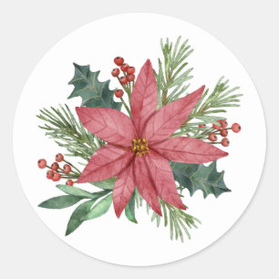 Sticker Rond Poinsettia hiver Rouge Floral Joyeux Noël