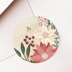 Sticker Rond Poinsettia Monogramme Élégant Aquarelle de Fêtes
