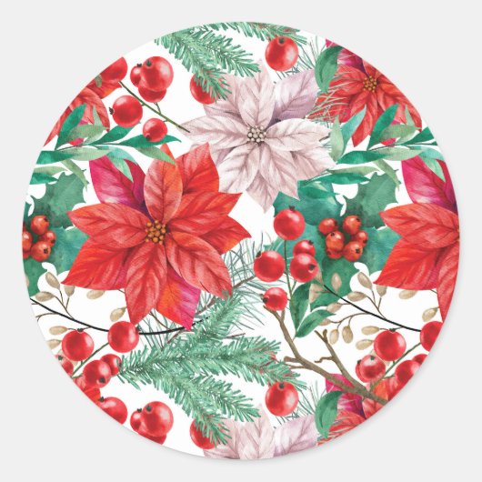 Sticker Rond Poinsettia, Pine Boughs et Red Berries (Devant)