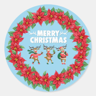 Sticker Rond Poinsettia Wreath Dancing Reindeer Joyeux Noël