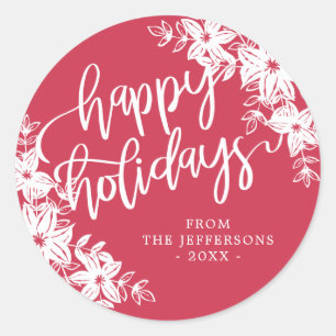 Sticker Rond Poinsettias - Joyeuses Vacances - Cadeau