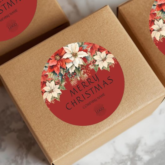Sticker Rond Poinsettias Merry Christmas Corporate Logo