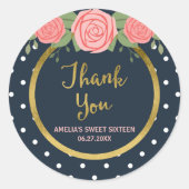 Sticker Rond Pointe Polka Bleu & Blanc, Merci Roses Roses Roses (Devant)