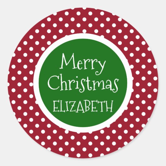 Sticker Rond Pointe Polka rouge et blanc avec vert personnalisé (Devant)