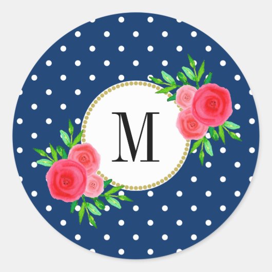 Sticker Rond Points Bleus Marine Cute Aquarelle Rouge Monogramm (Devant)
