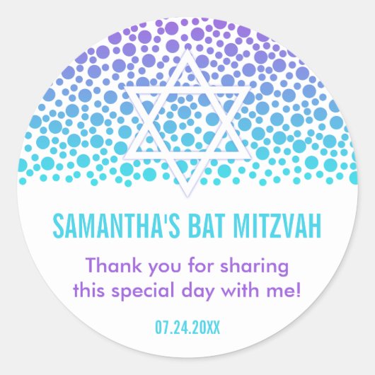 Sticker Rond Points Confetti Purple Bat mitzvah Turquoise Favor (Devant)