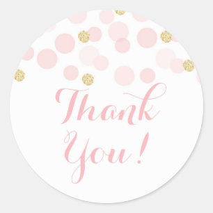 Sticker Rond Points d'or rose Baby shower Merci