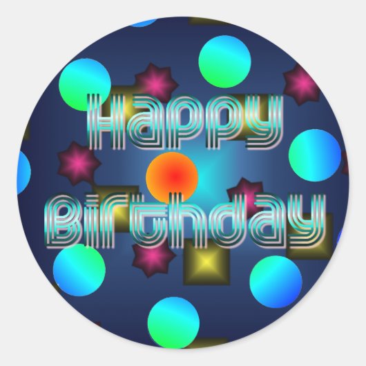Sticker Rond Points psychédéliques Neon Happy Anniversaire Stic (Devant)