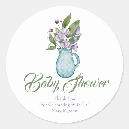 Sticker Rond Pois doux violet Fleurs Baby shower Merci Cla (Devant)