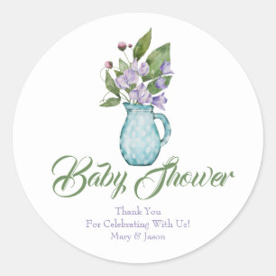 Sticker Rond Pois doux violet Fleurs Baby shower Merci Cla