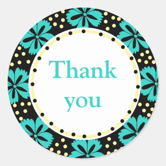 Sticker Rond Pois floraux turquoises : Merci (Devant)