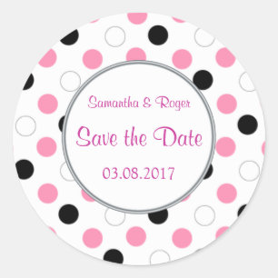 Sticker Rond Pois noirs, roses, blancs Enregistrer la date