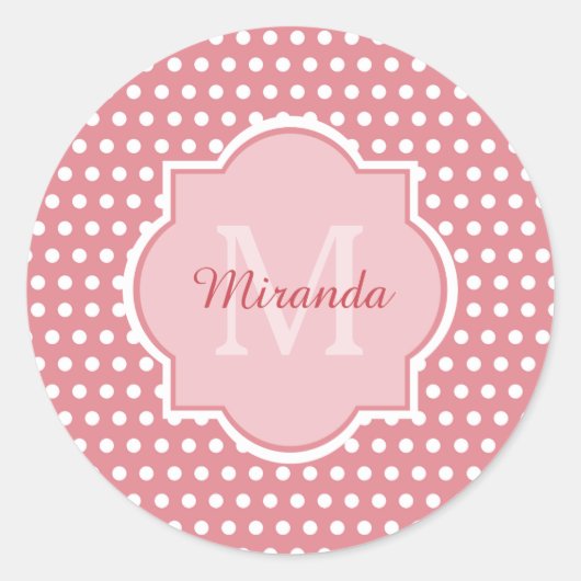 Sticker Rond Pois roses mignons avec Monogramme et nom (Devant)