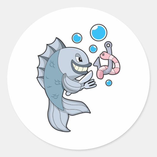 Sticker Rond Poisson avec hameçon et ver de poisson (Devant)