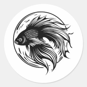 Sticker Rond Poisson Betta minimaliste : Art noir et blanc