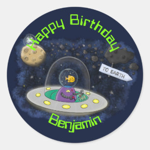 Sticker Rond Poisson dans OVNI, vaisseau spatial dessin