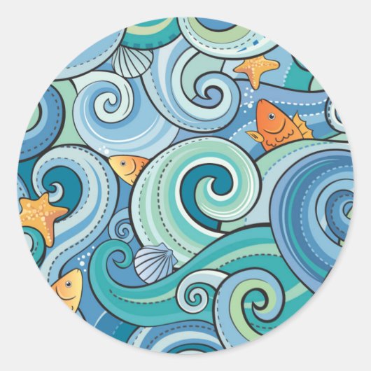 Sticker Rond Poisson Parmi Le Motif Des Vagues (Devant)