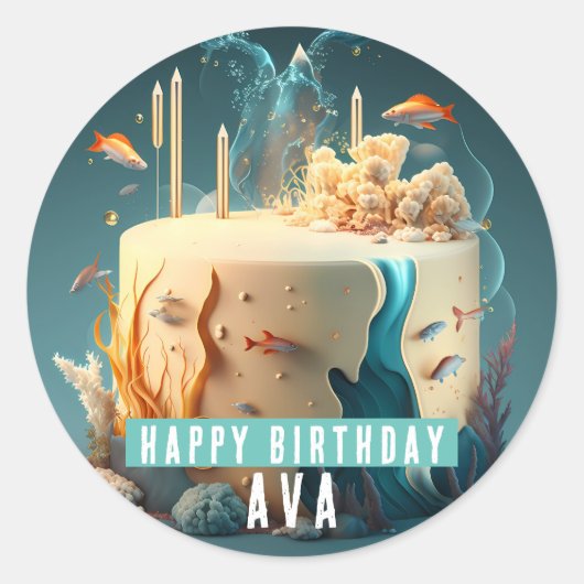 Sticker Rond Poissons de mer Coraux d'algues Câteaux Gâteau - A (Devant)