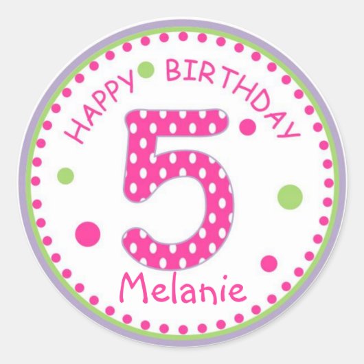 Sticker Rond Poka rose chaud point heureux anniversaire numéro (Devant)