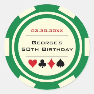 Sticker Rond Poker Chip Casino Anniversaire Blanc Rouge Vert