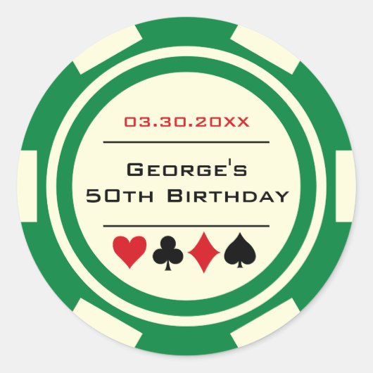 Sticker Rond Poker Chip Casino Anniversaire Blanc Rouge Vert (Devant)