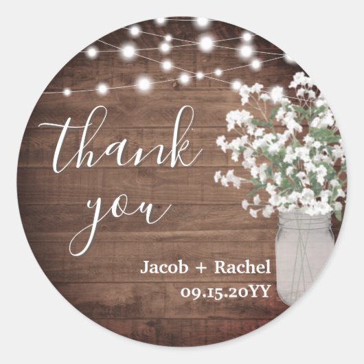 Sticker Rond Polaire Rustique Mason Jar & Lumières Mariage Merc (Devant)