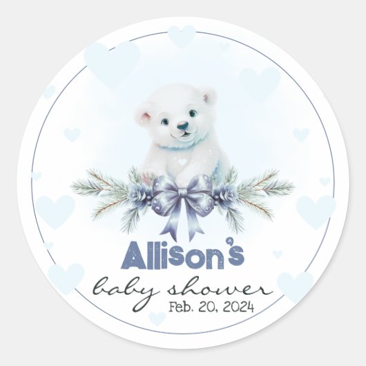 Sticker Rond Polar Bear Cub Boy Blue Hearts Baby shower d'hiver (Devant)