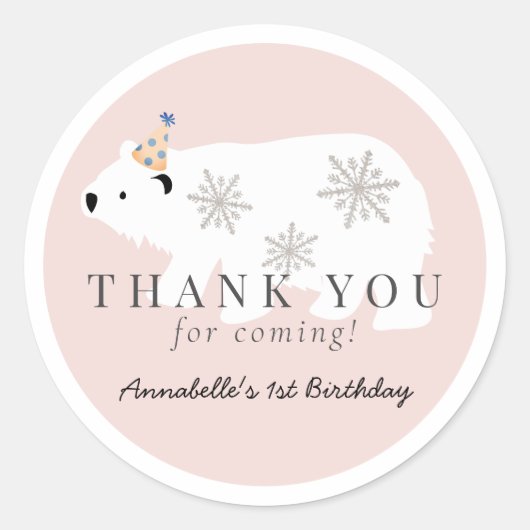 Sticker Rond Polar Bear Winter Wonderland Rose Anniversaire (Devant)