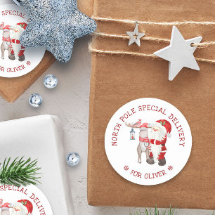 Sticker Rond Pôle Nord Livraison Spéciale Cute Santa & Renne
