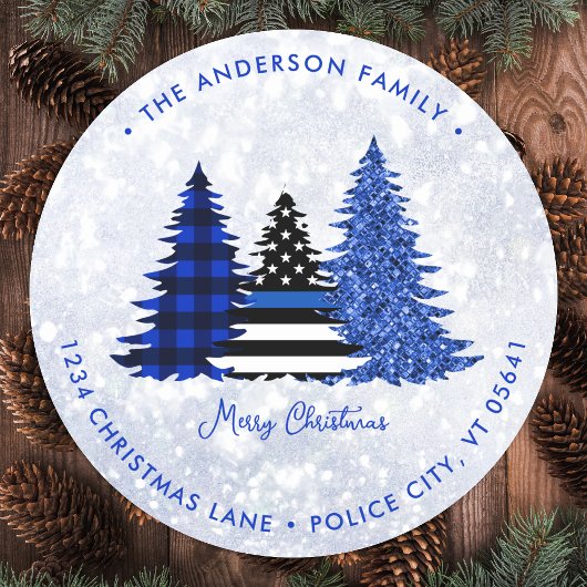 Sticker Rond Police Christmas Blue Holiday Tree Retourner l'adr