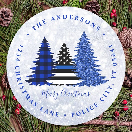 Sticker Rond Police Christmas Blue Plaid Parties scintillant Re