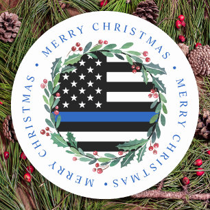 Sticker Rond Police mince ligne bleue couronne Joyeux Noël