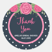 Sticker Rond Polka bleu blanc point et roses rose Merci (Devant)