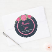 Sticker Rond Polka bleu blanc point et roses rose Merci (Enveloppe)