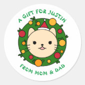 Sticker Rond Polka Dot | Beige Chat Fête de Noël personnalisée (Devant)