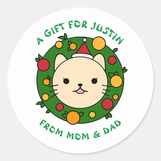 Sticker Rond Polka Dot | Beige Chat Fête de Noël personnalisée
